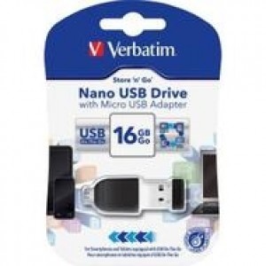 49821 - Verbatim 16GB Nano USB Flash Drive with USB OTG Micro Adapter - Black - 16GB